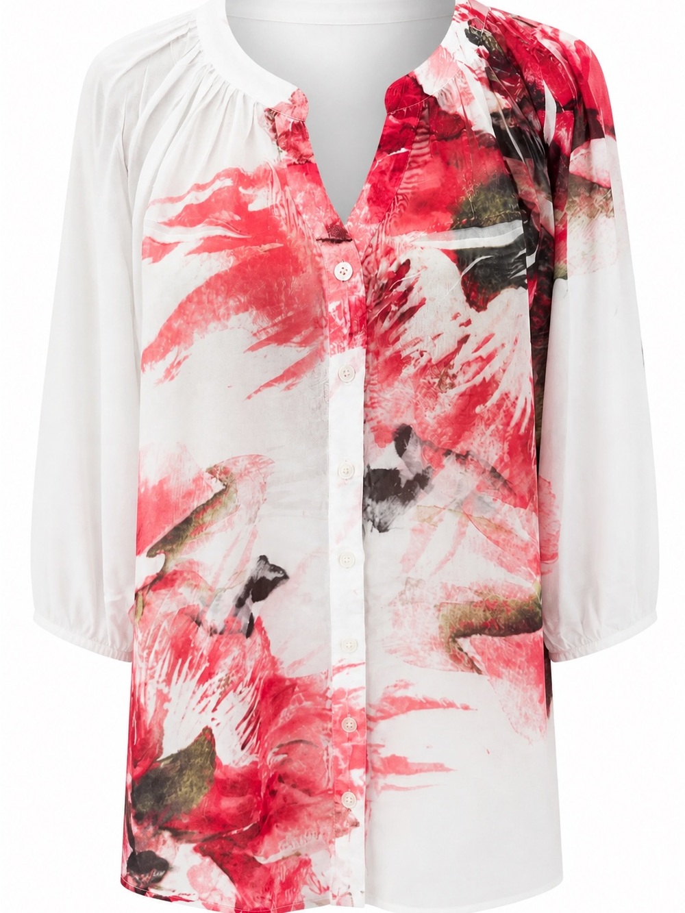 I.N. Studio White & Pink/Green Floral Print Button-Front Women's Top #160
